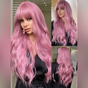 Pink Long Wavy Women's Wig with Bangs - Unbranded